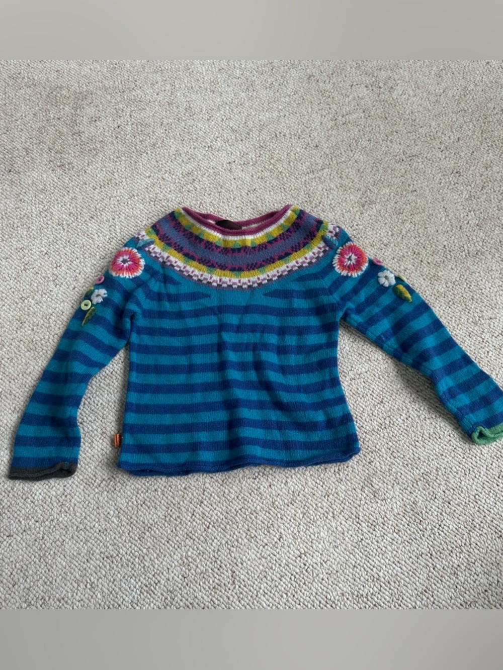 Girls' Catimini Blue Striped Knit Sweater with Floral Yoke Size 5
